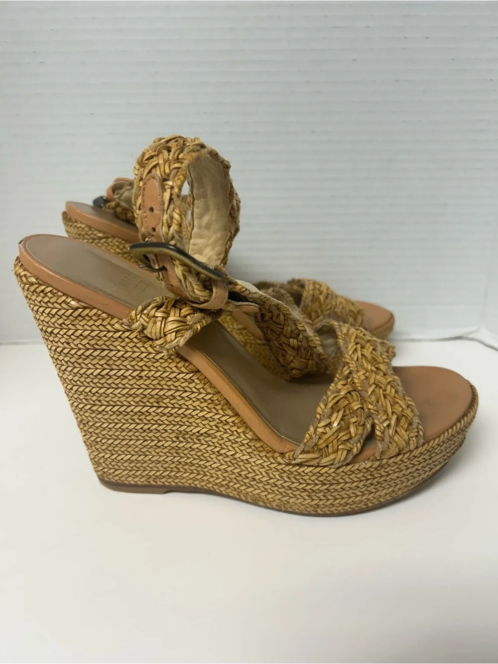 Stuart Weitzman Raffia Braided Wedge Camel Sandals BoHo Sophisticate 7.5M